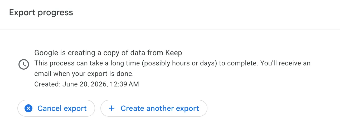 Google Takeout export in progress