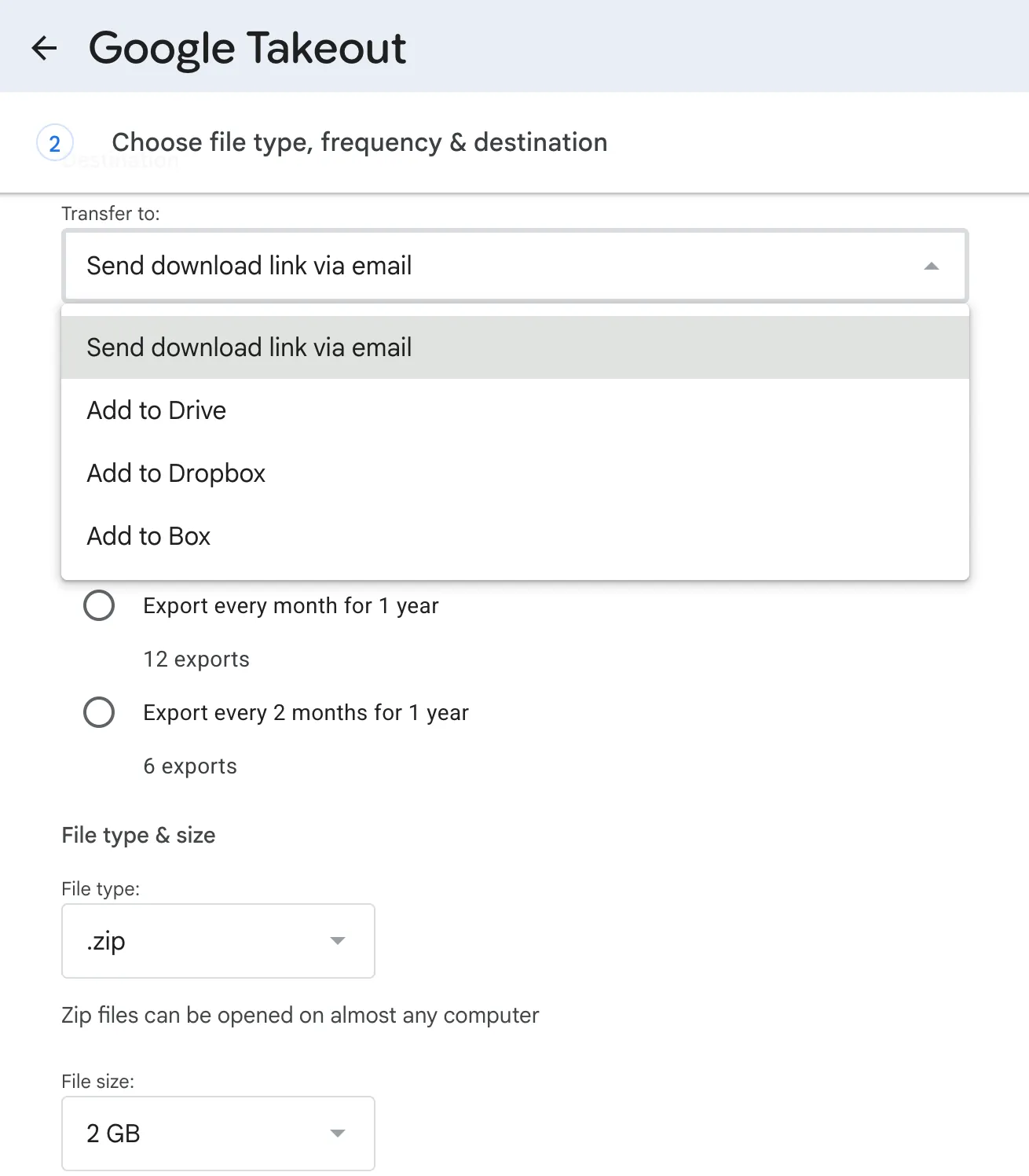 Choosing file type and destination in Google Takeout