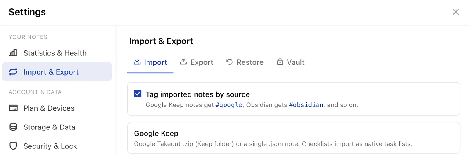 The PrivacyNotes Import and Export screen