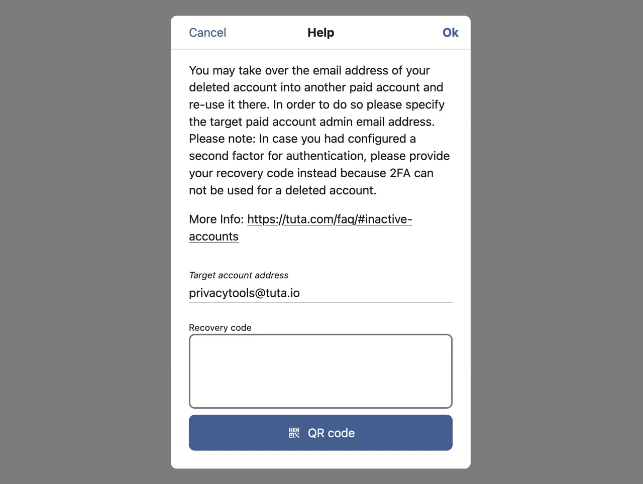 Tuta recovery dialog: take over the email address of your deleted account into another paid account