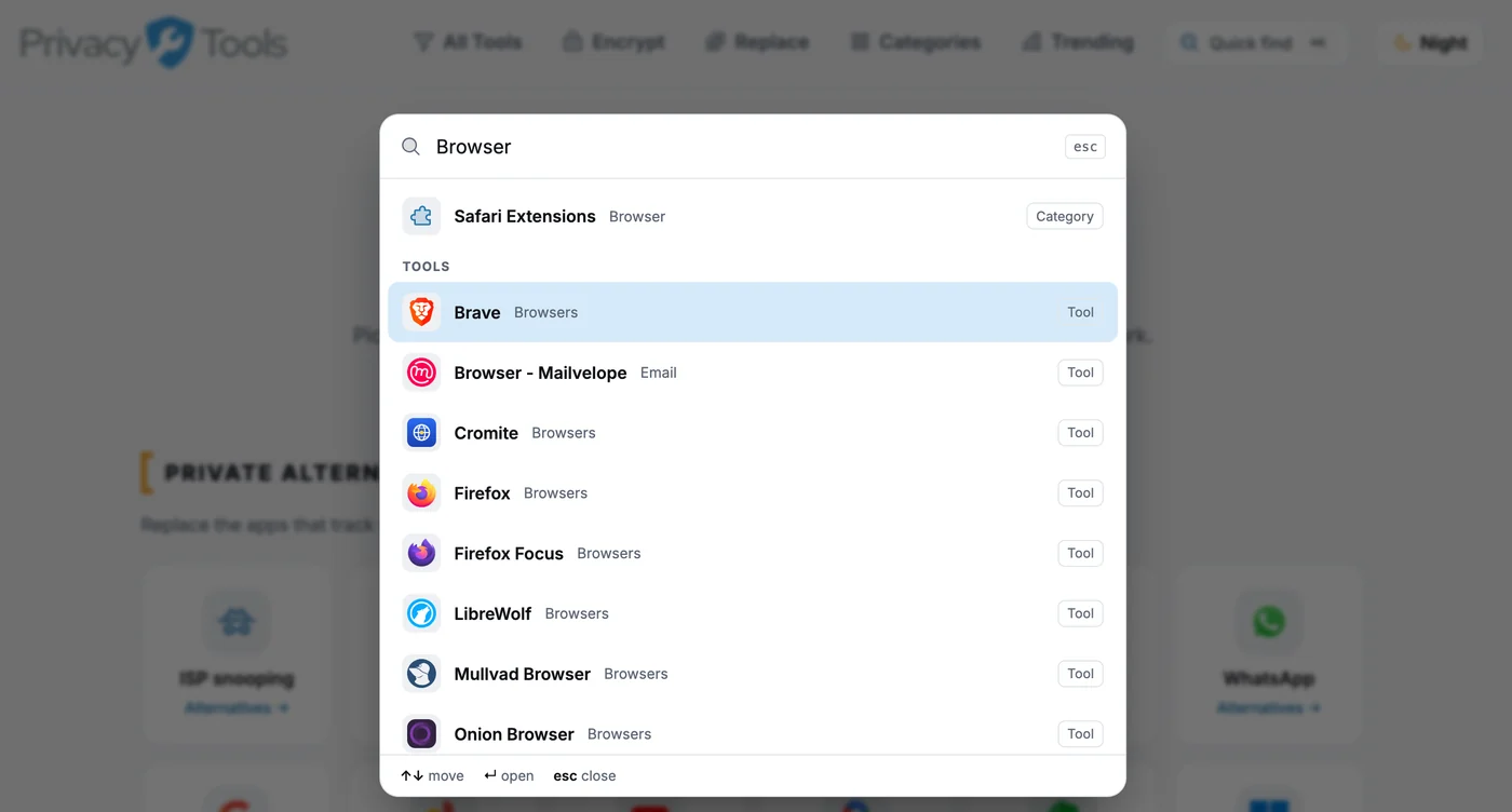 PrivacyTools.io Quick Find command palette, opened with Cmd-K