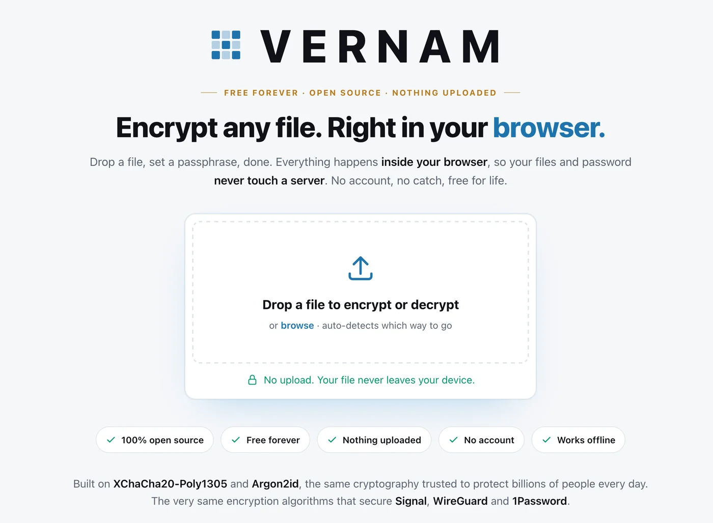 VERNAM, the in-browser file encryptor, on PrivacyTools.io